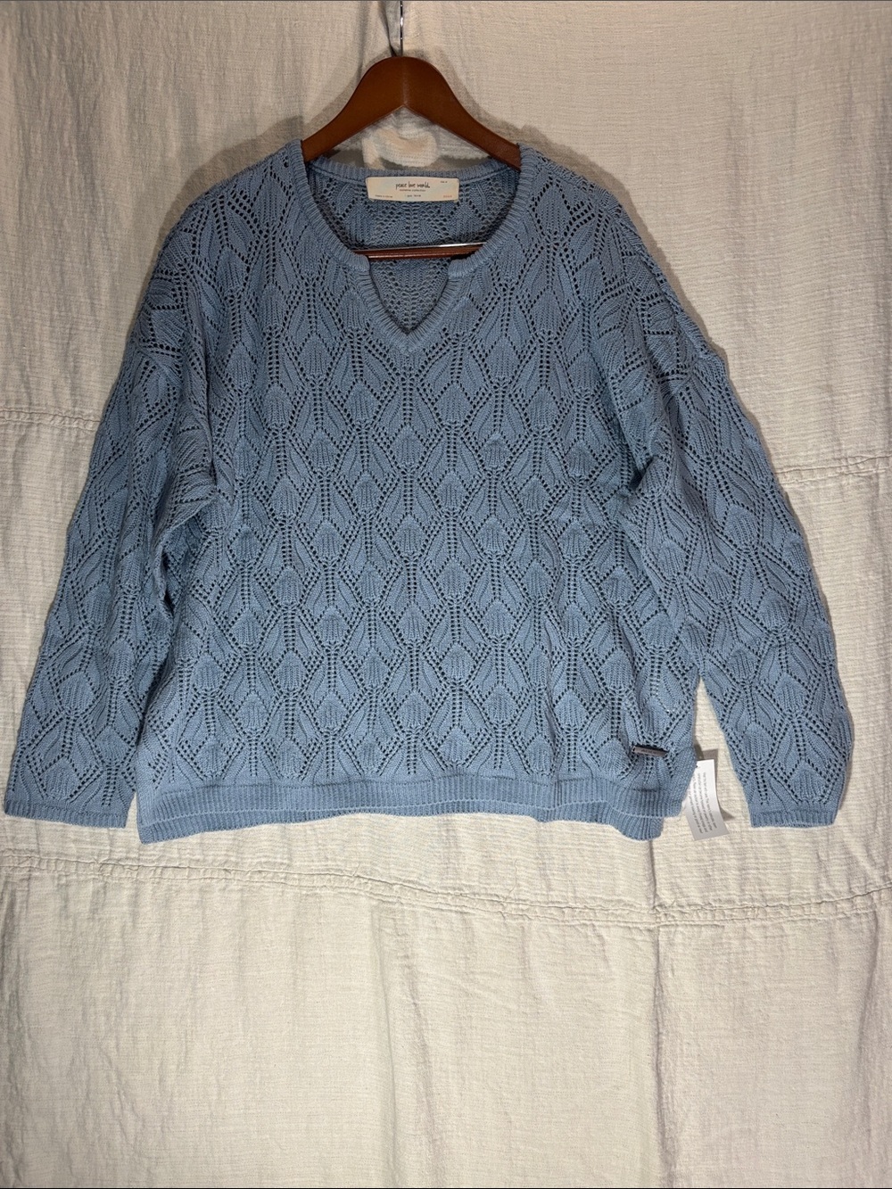 Peace Love World Sky Blue Open-Knit V-Neck Sweater